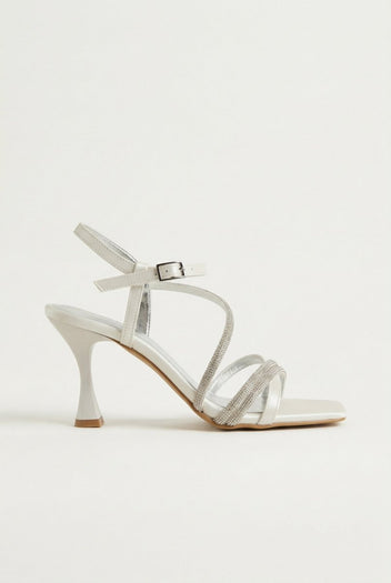 TFP - Rhinestone Strap Heeled Sandals - White Pearl