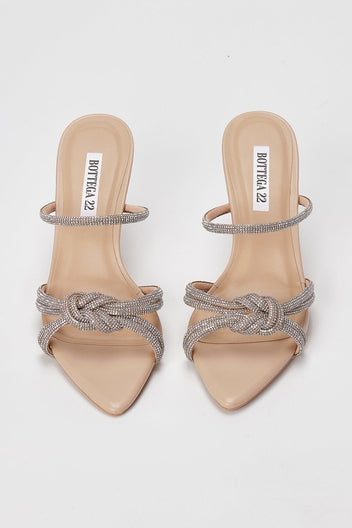 BOTEGGA 22 - Rhinestone Strap Mules Slim Heel - Beige Matte