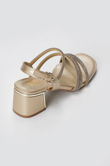 Xti Footwear - Rhinestone Strap Sandals Block Heel - Gold