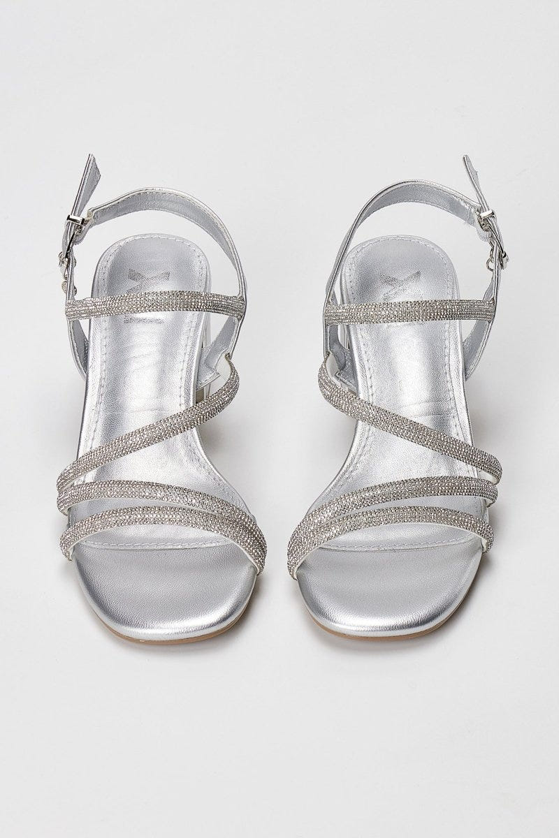 Xti Footwear - Rhinestone Strap Sandals Block Heel - Silver Metallic