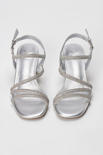 Xti Footwear - Rhinestone Strap Sandals Block Heel - Silver Metallic