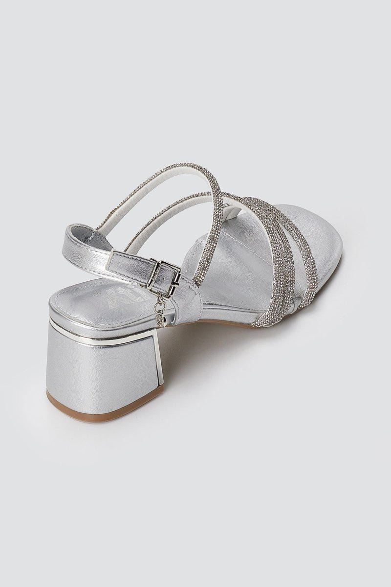 Xti Footwear - Rhinestone Strap Sandals Block Heel - Silver Metallic
