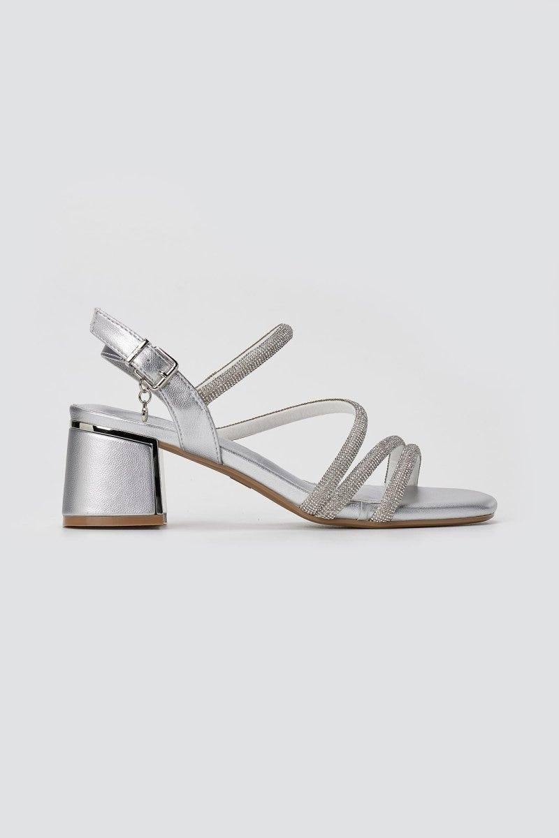 Xti Footwear - Rhinestone Strap Sandals Block Heel - Silver Metallic