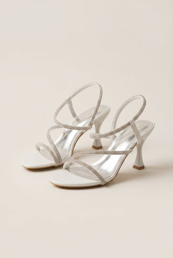 TFP - Rhinestone Strap Stiletto Heel Sandals - White Pearl