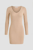 Jean Louis Francoise - Ribbed Mini Dress Long Sleeve V Neck - Camel