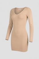 Jean Louis Francoise - Ribbed Mini Dress Long Sleeve V Neck - Camel