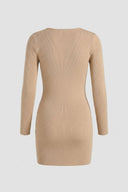 Jean Louis Francoise - Ribbed Mini Dress Long Sleeve V Neck - Camel