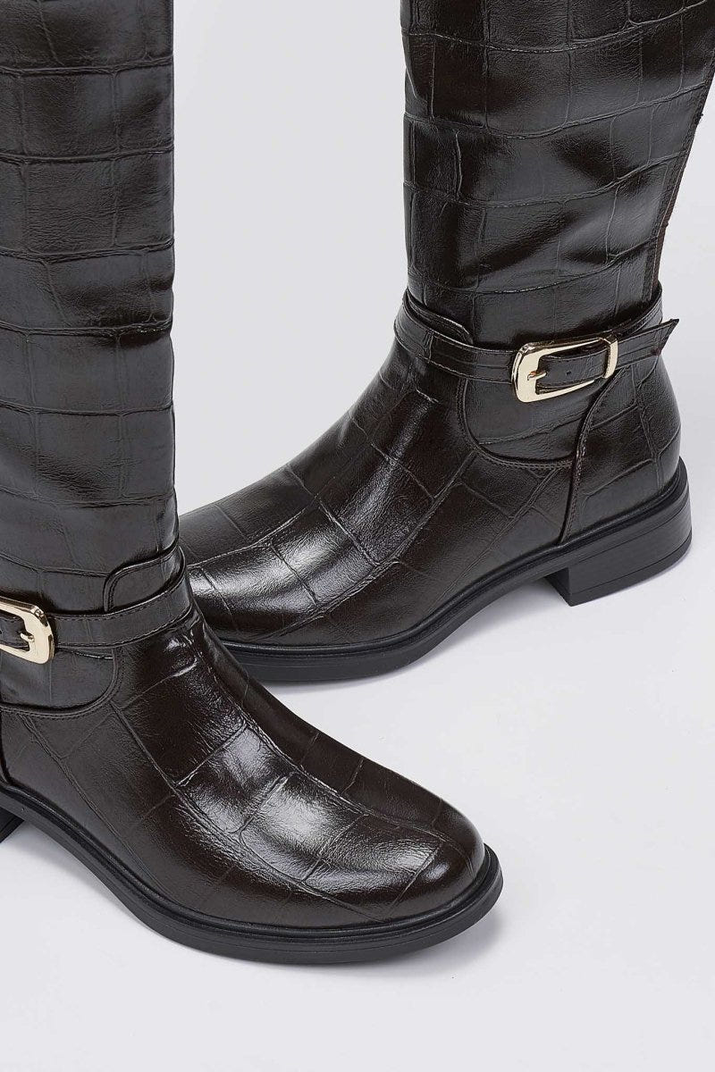 Riding Boots Croc Embossed - Brown Croc - thefashionproject.gr - Ideal shoes