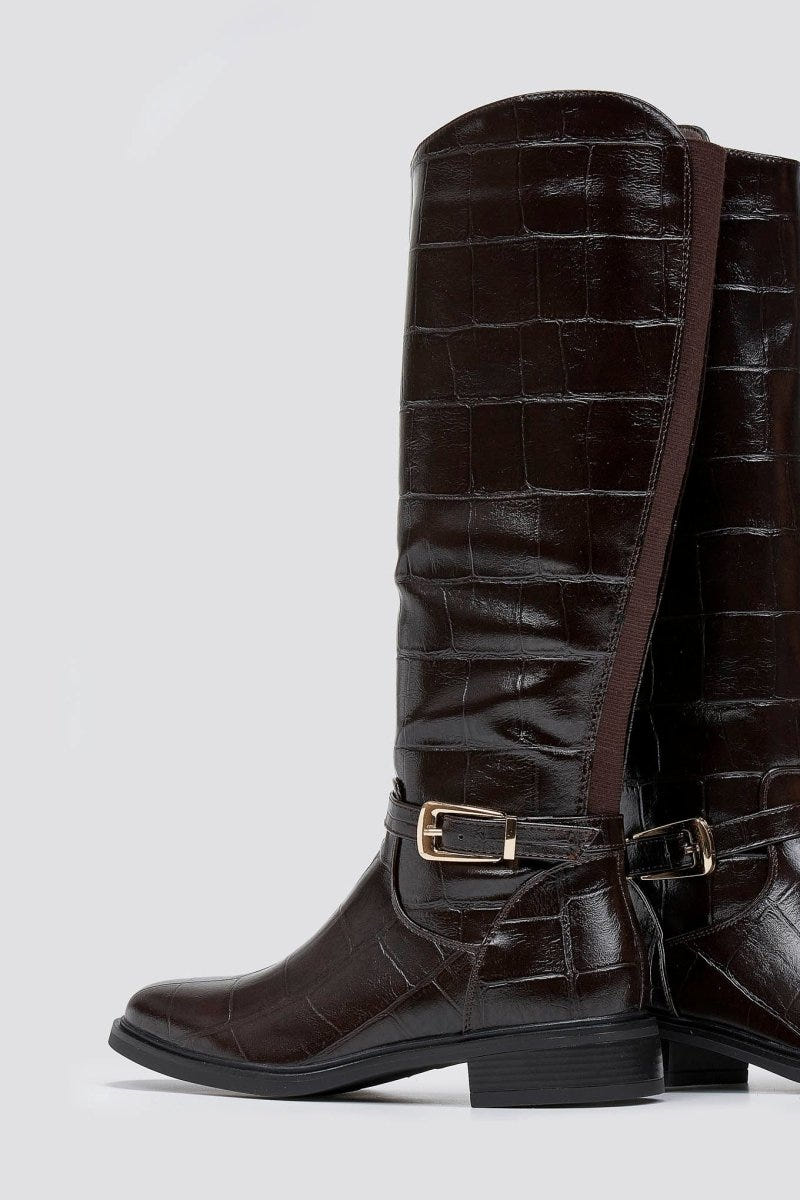 Riding Boots Croc Embossed - Brown Croc - thefashionproject.gr - Ideal shoes