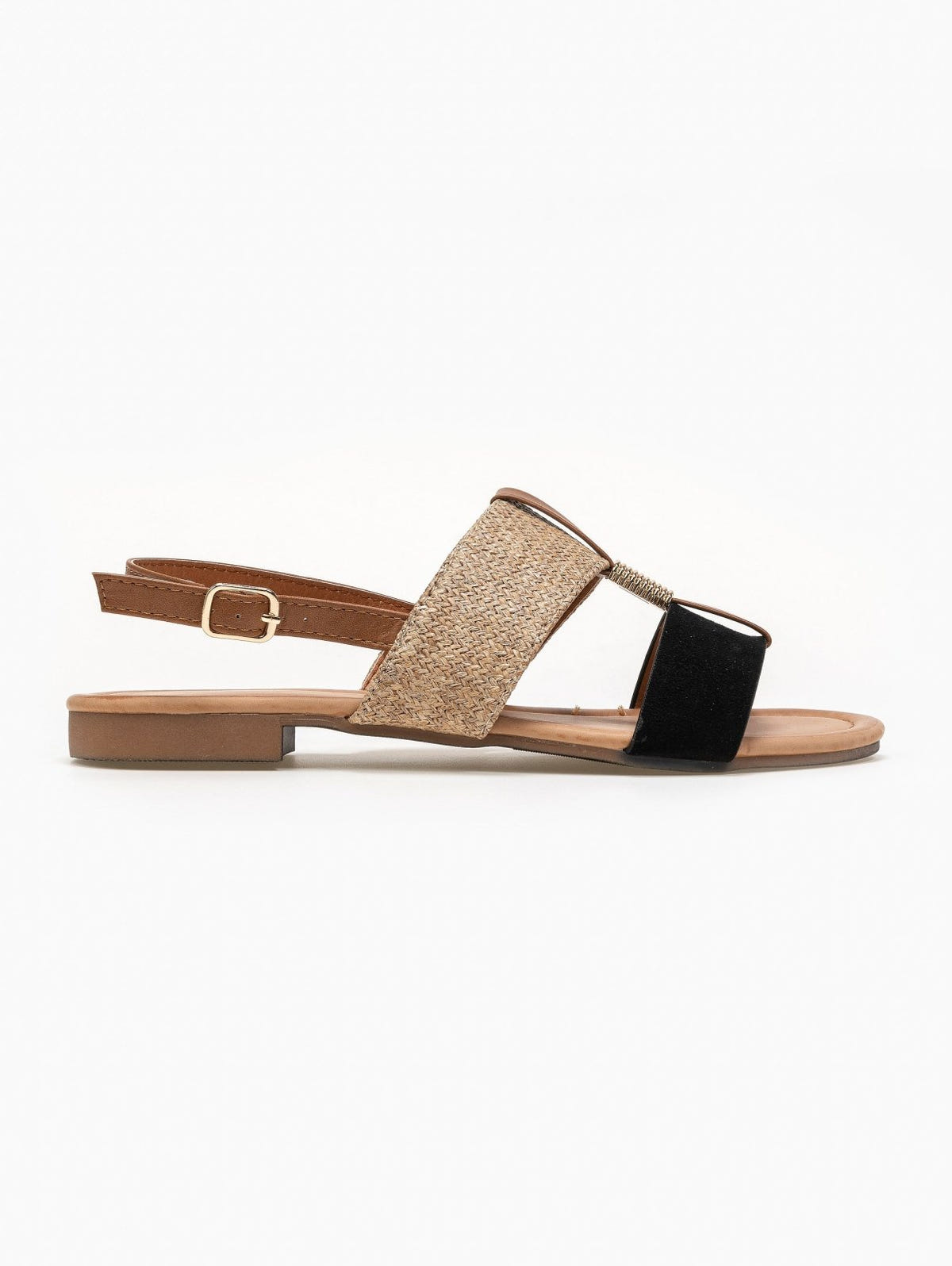Side view of flat sandal with woven straw band, black suede toe strap, tan leather ankle strap with gold buckle and low block heel, on white