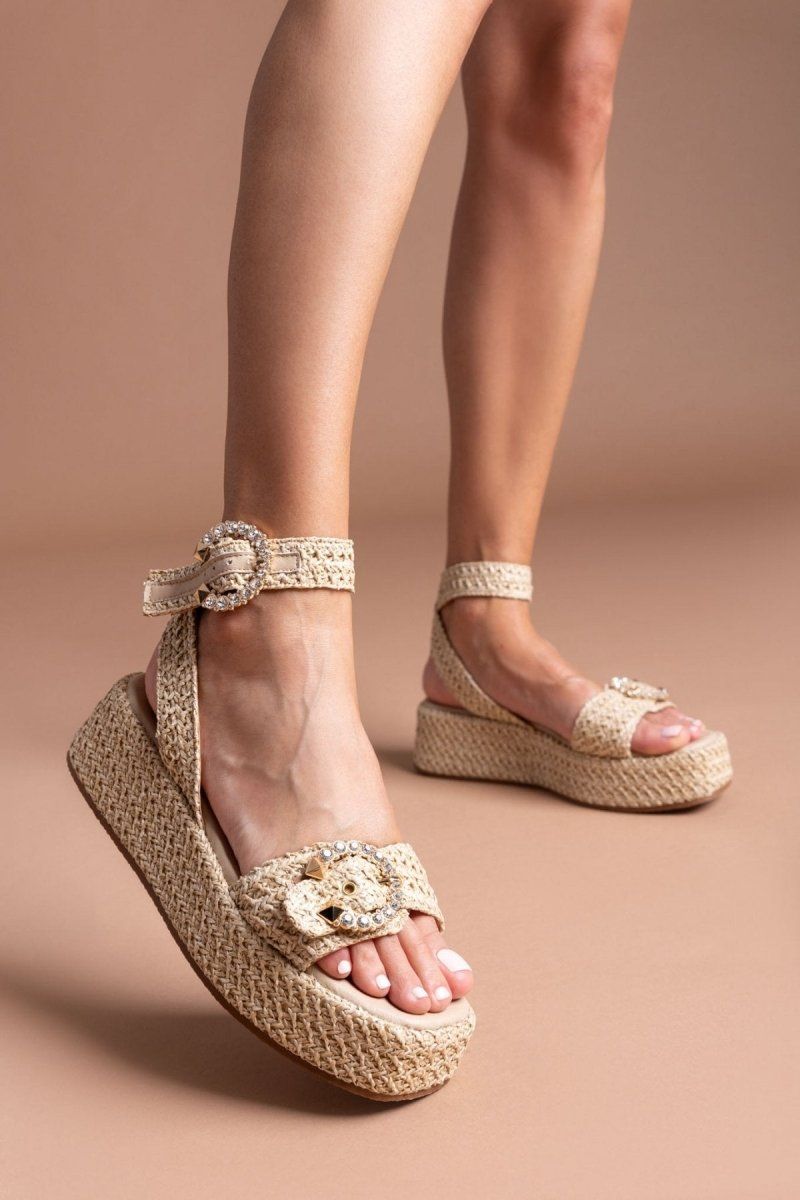 Σανδάλια από ψάθα με στρας Mariella Fabiani 2505/02 - Μπεζ - thefashionproject.gr - Mariella Fabiani