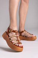 Σανδάλια δερμάτινα flatforms gladiator με ψάθα Estil - Ταμπά - thefashionproject.gr - Estil