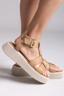 Σανδάλια δερμάτινα flatforms με τοκά TFP - Μπεζ - thefashionproject.gr - TFP