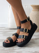 Σανδάλια δερμάτινα flatforms με τοκάδες TFP - Μαύρο - thefashionproject.gr - TFP