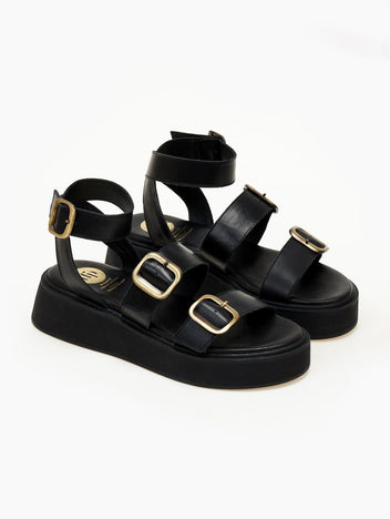 Σανδάλια δερμάτινα flatforms με τοκάδες TFP - Μαύρο - thefashionproject.gr - TFP