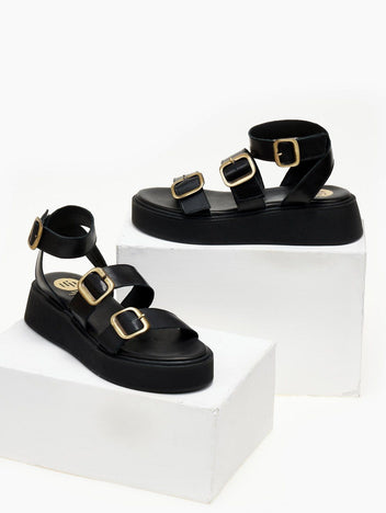 Σανδάλια δερμάτινα flatforms με τοκάδες TFP - Μαύρο - thefashionproject.gr - TFP