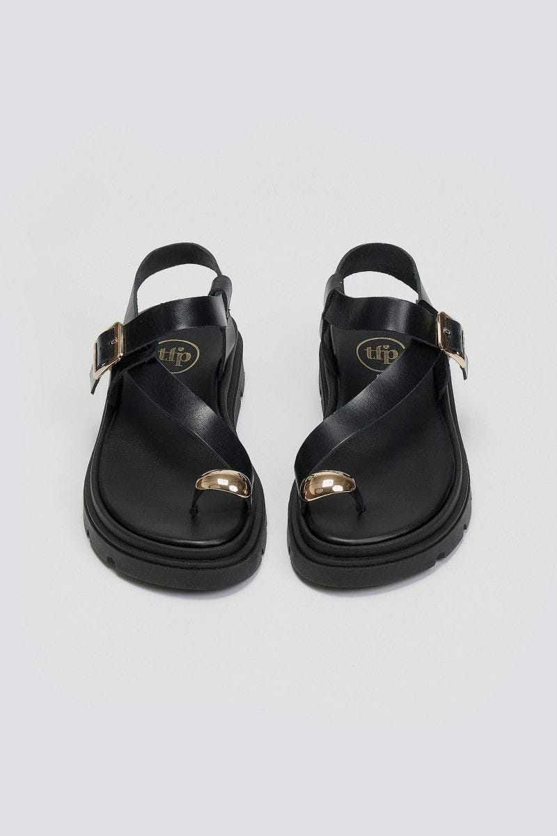 Σανδάλια δερμάτινα flatforms Tfp - Μαύρο - thefashionproject.gr - TFP