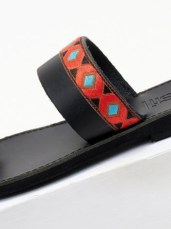 Σανδάλια δερμάτινα με boho φάσα estil - Μαύρο - thefashionproject.gr - Estil
