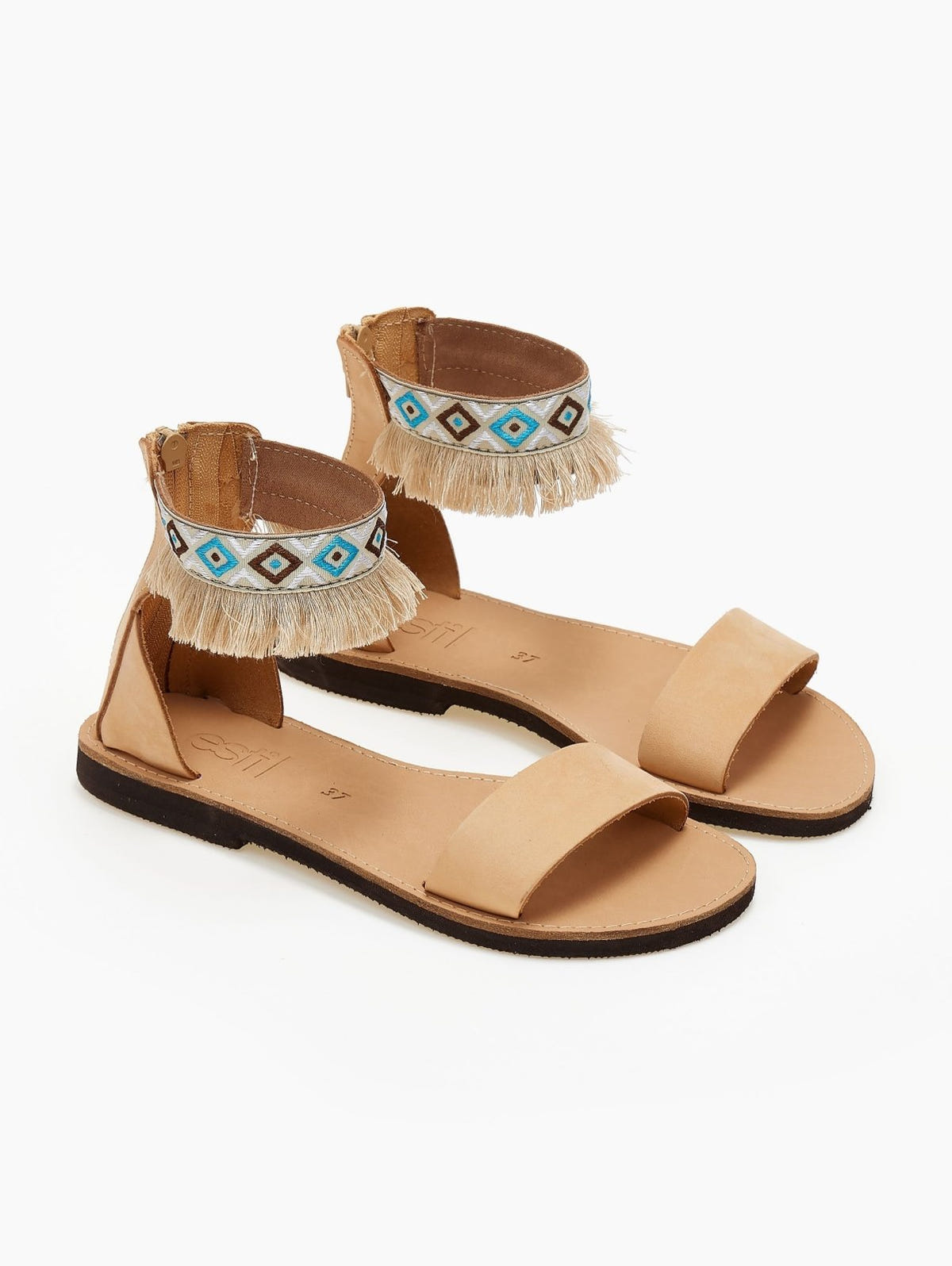 Σανδάλια δερμάτινα με boho τρέσα με κρόσσια Estil - Φυσικό - thefashionproject.gr - Estil