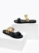 Σανδάλια δερμάτινα με διάτρητη φάσα Iris Sandals - Μαύρο/Χρυσό - thefashionproject.gr - IRIS