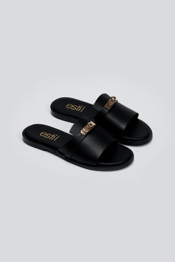 Σανδάλια δερμάτινα με φαρδιά φάσα Estil - Μαύρο - thefashionproject.gr - Estil