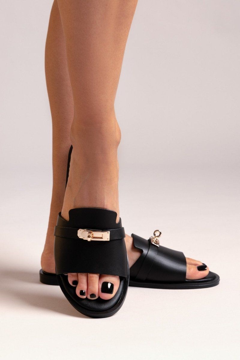 Σανδάλια δερμάτινα με φαρδιά φάσα Estil - Μαύρο - thefashionproject.gr - Estil