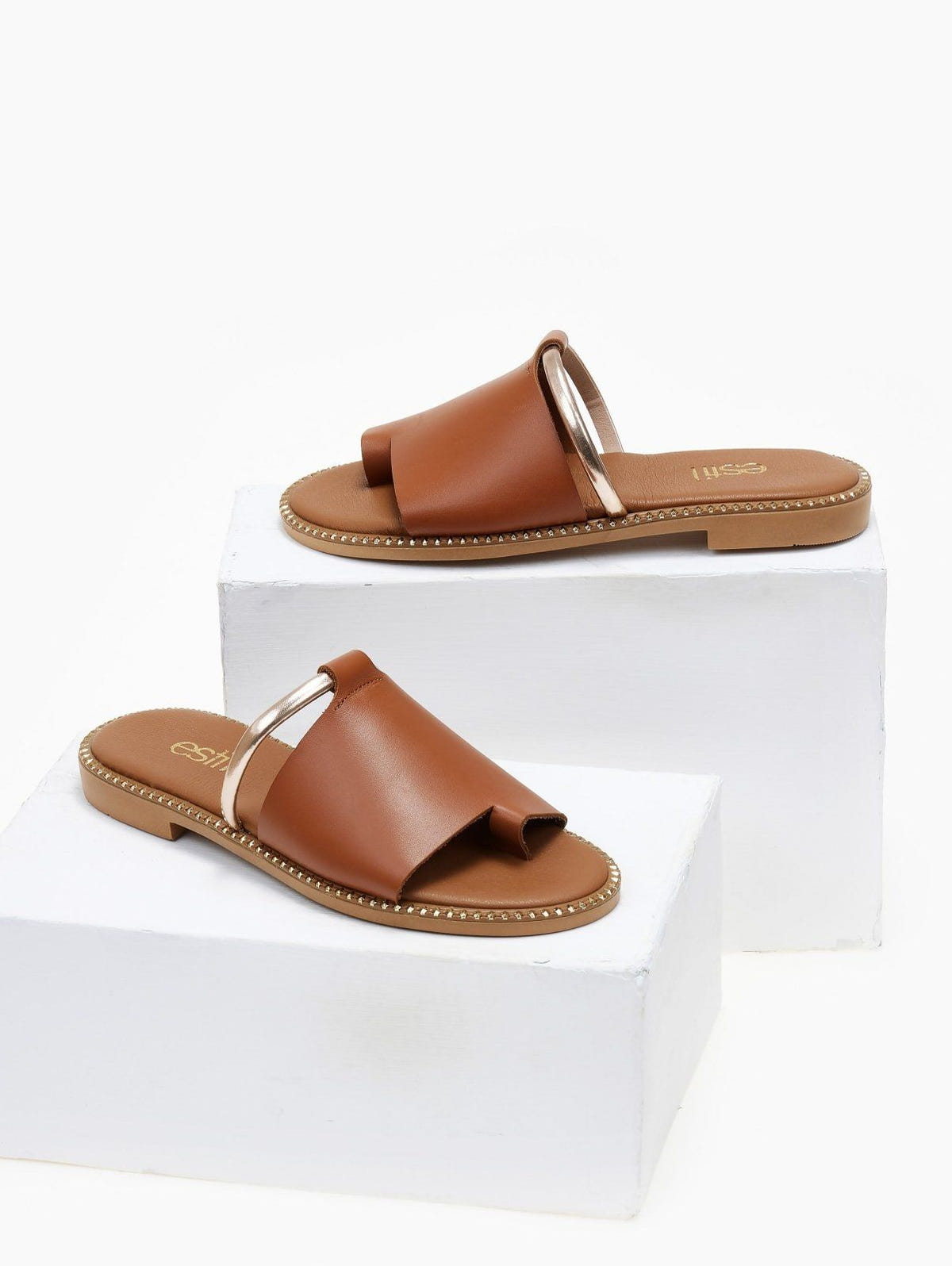 Σανδάλια δερμάτινα με φαρδιά φάσα Estil - Ταμπά - thefashionproject.gr - Estil