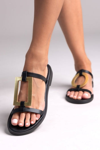 Σανδάλια δερμάτινα με γεωμετρικά σχήματα Iris Sandals - Μαύρο/Χρυσό - thefashionproject.gr - IRIS