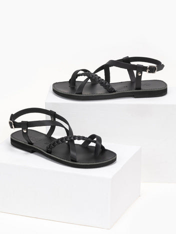 Σανδάλια δερμάτινα με κοτσιδάκι estil - Μαύρο - thefashionproject.gr - Estil