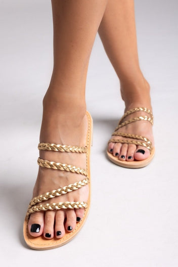 Σανδάλια δερμάτινα με κοτσιδάκια Tfp - Χρυσό - thefashionproject.gr - TFP