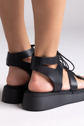 Σανδάλια δερμάτινα με lace up δέσιμο Estil - Μαύρο - thefashionproject.gr - Estil