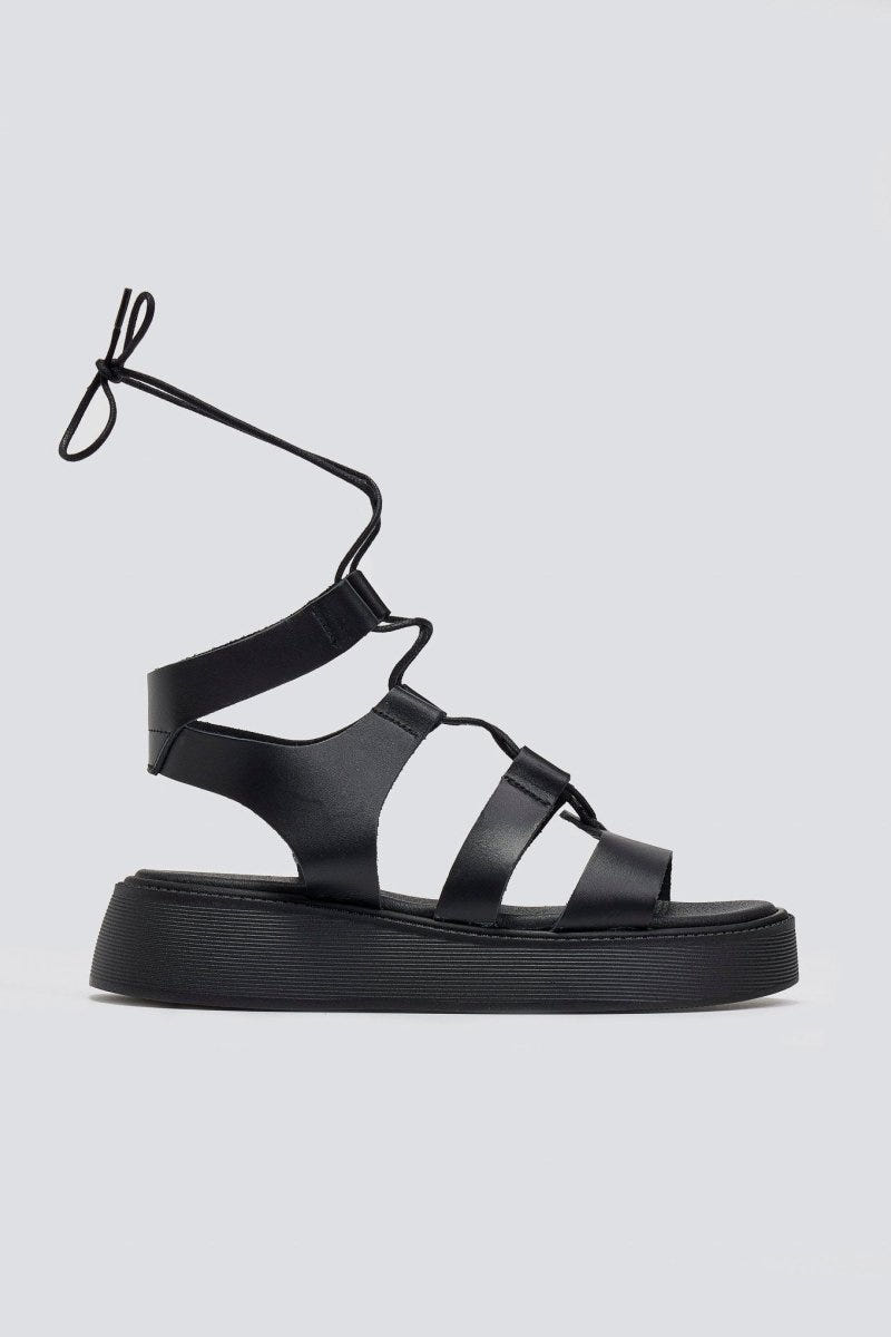 Σανδάλια δερμάτινα με lace up δέσιμο Estil - Μαύρο - thefashionproject.gr - Estil