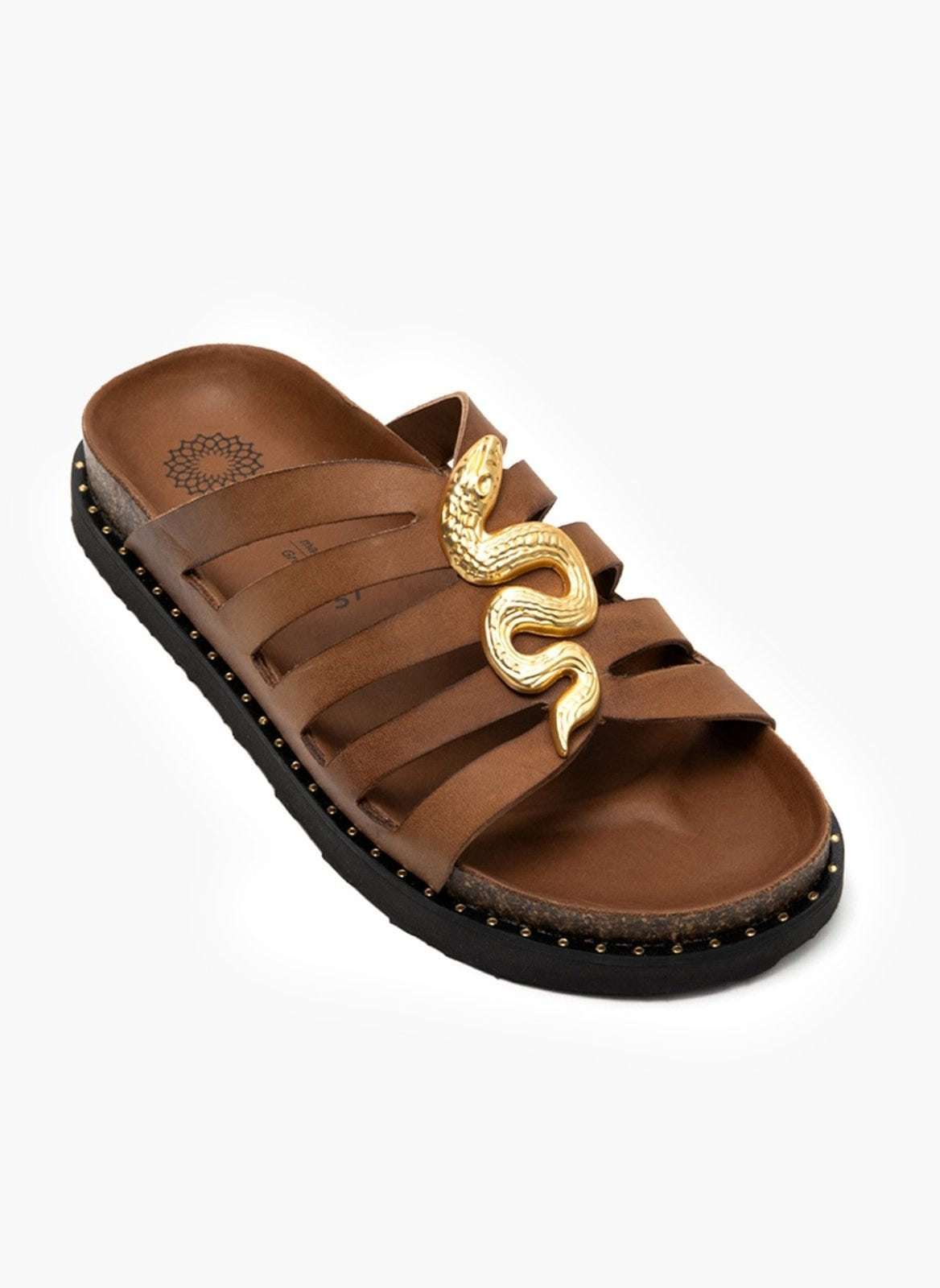 Σανδάλια δερμάτινα με μεταλλικό snake ΑTENEO - Καφέ - thefashionproject.gr - ATENEO