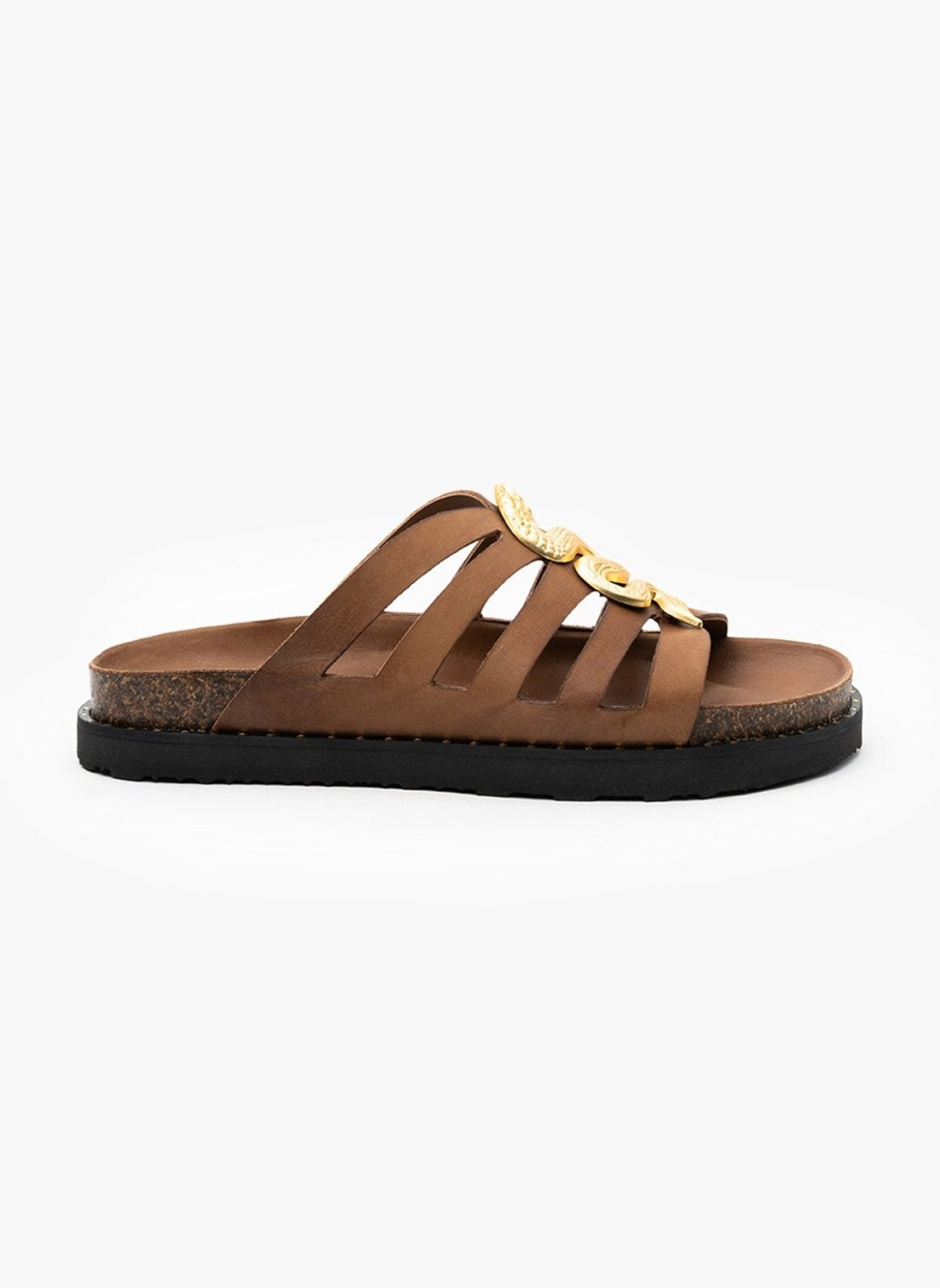Σανδάλια δερμάτινα με μεταλλικό snake ΑTENEO - Καφέ - thefashionproject.gr - ATENEO