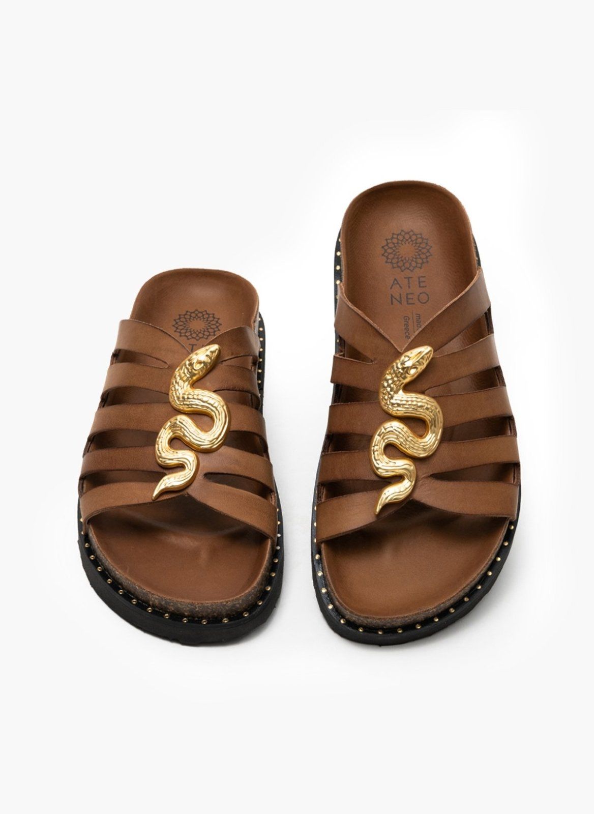 Σανδάλια δερμάτινα με μεταλλικό snake ΑTENEO - Καφέ - thefashionproject.gr - ATENEO