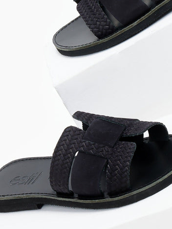 Σανδάλια δερμάτινα με πλεκτό pattern estil - Μαύρο - thefashionproject.gr - Estil