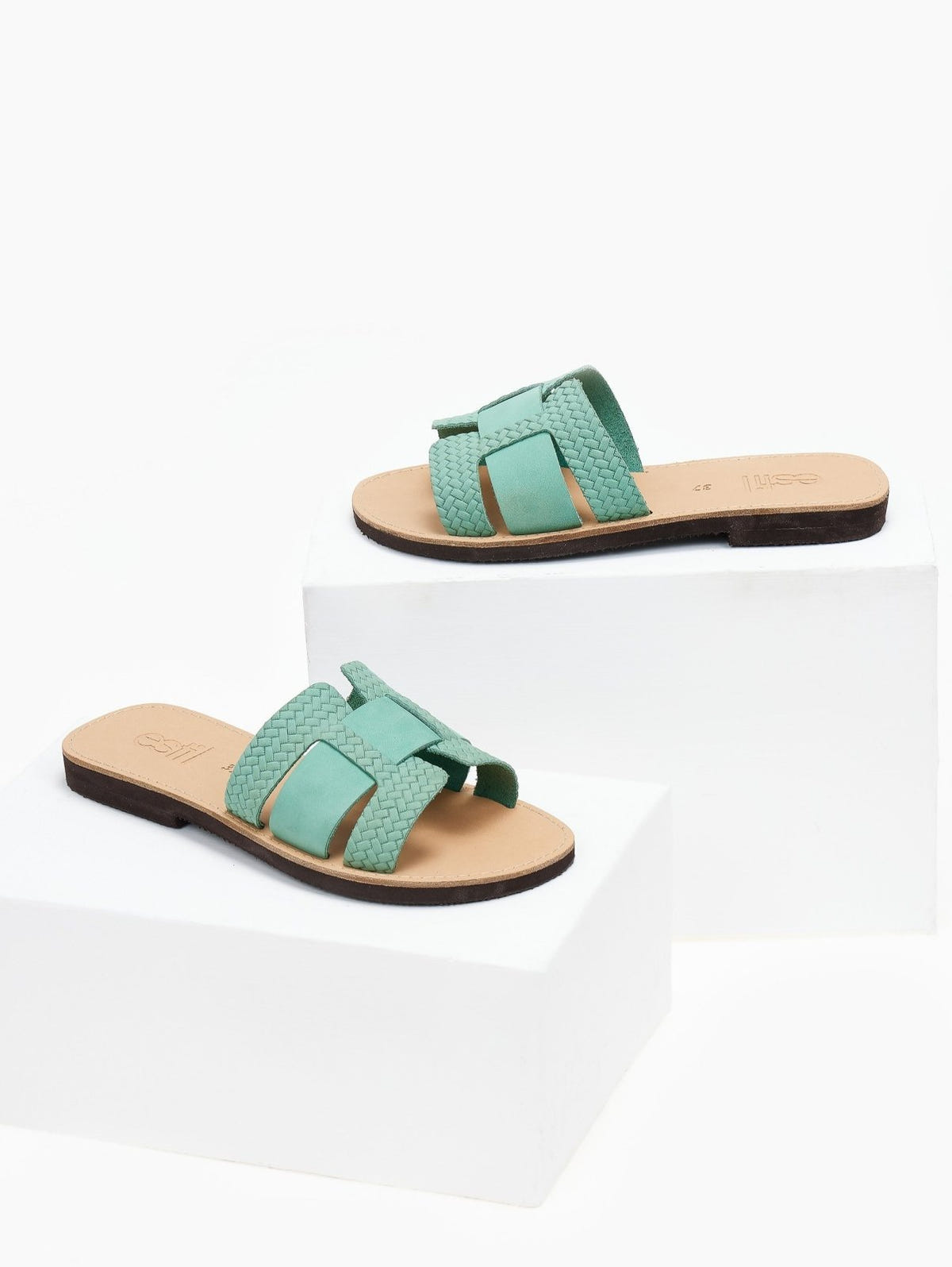 Σανδάλια δερμάτινα με πλεκτό pattern estil - Μέντα - thefashionproject.gr - Estil