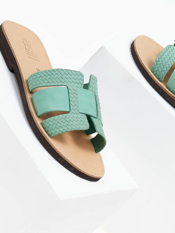 Σανδάλια δερμάτινα με πλεκτό pattern estil - Μέντα - thefashionproject.gr - Estil
