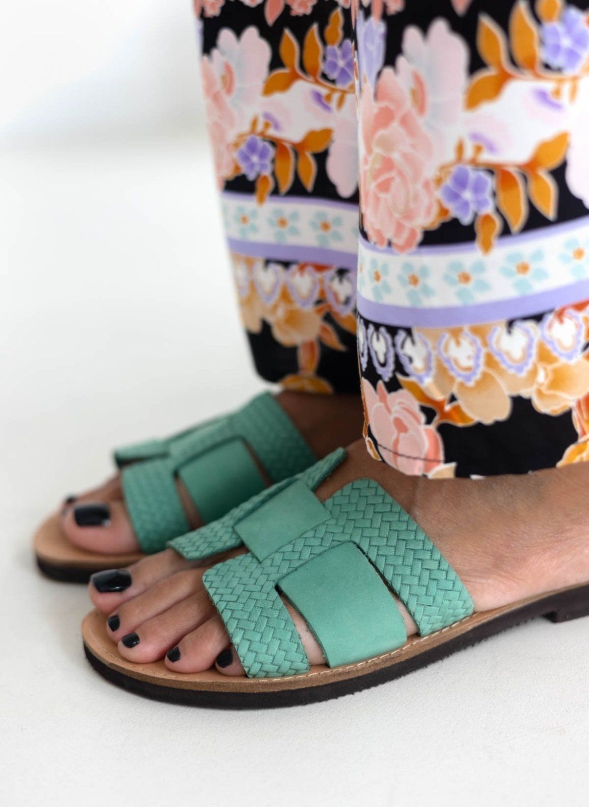 Σανδάλια δερμάτινα με πλεκτό pattern estil - Μέντα - thefashionproject.gr - Estil