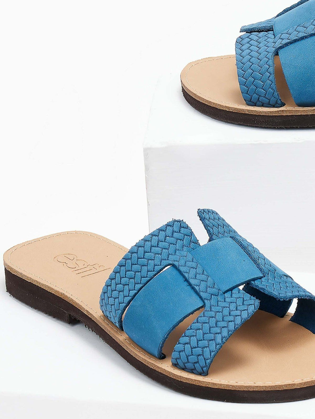 Σανδάλια δερμάτινα με πλεκτό pattern estil - Μπλε - thefashionproject.gr - Estil