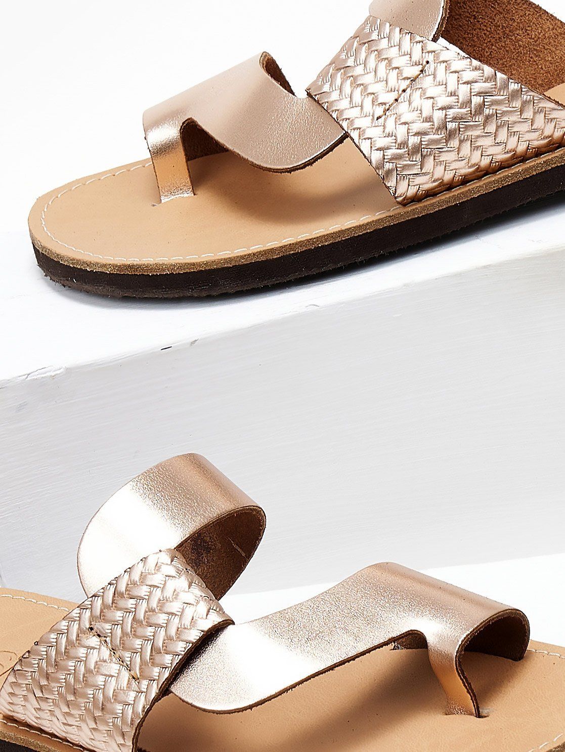 Σανδάλια δερμάτινα με πλεκτό pattern estil - Χαλκός - thefashionproject.gr - Estil