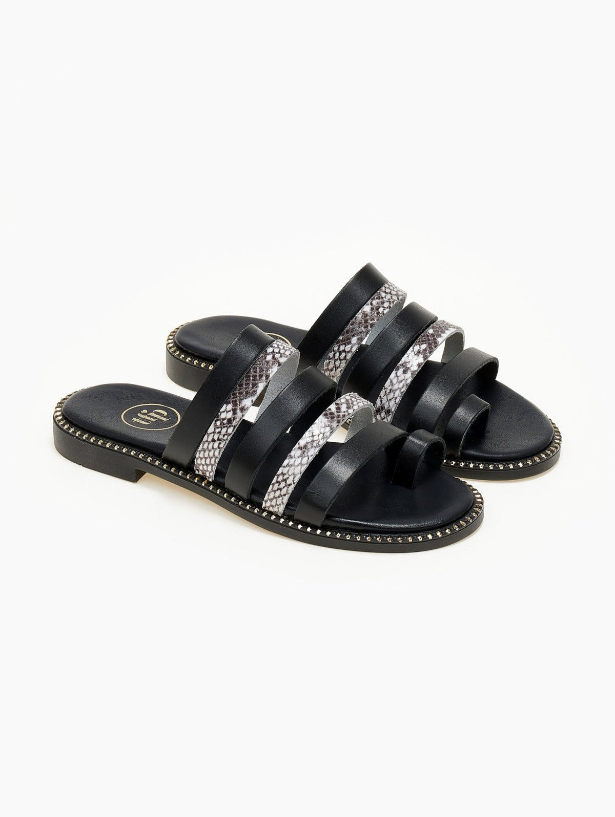 Σανδάλια δερμάτινα με print TFP - Μαύρο - thefashionproject.gr - TFP