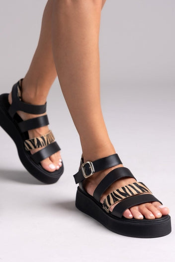 Σανδάλια δερμάτινα με print Tfp - Μαύρο - thefashionproject.gr - TFP