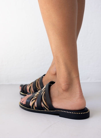 Σανδάλια δερμάτινα με print tfp - Μαύρο/Μπεζ - thefashionproject.gr - TFP