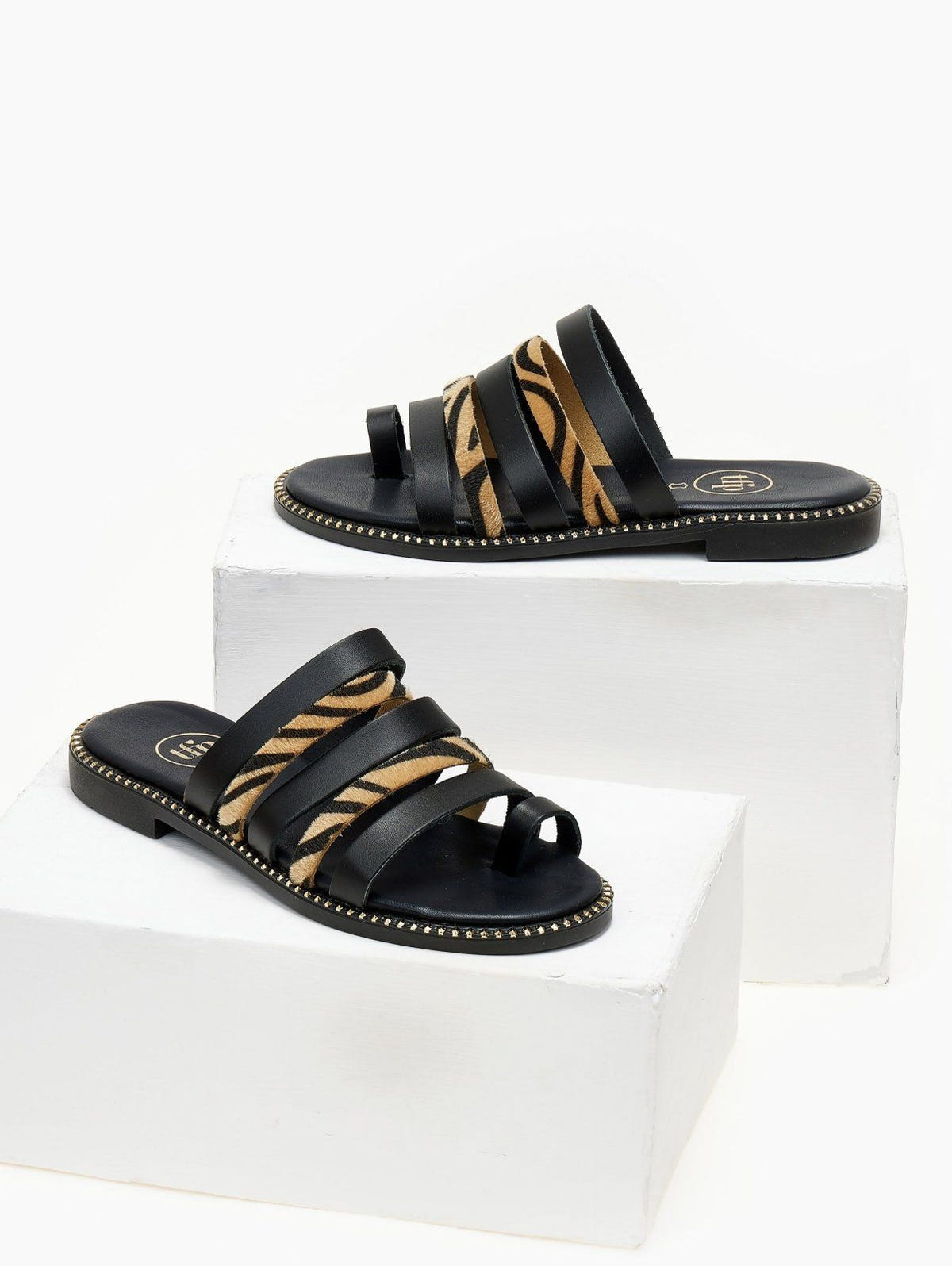 Σανδάλια δερμάτινα με print tfp - Μαύρο/Μπεζ - thefashionproject.gr - TFP