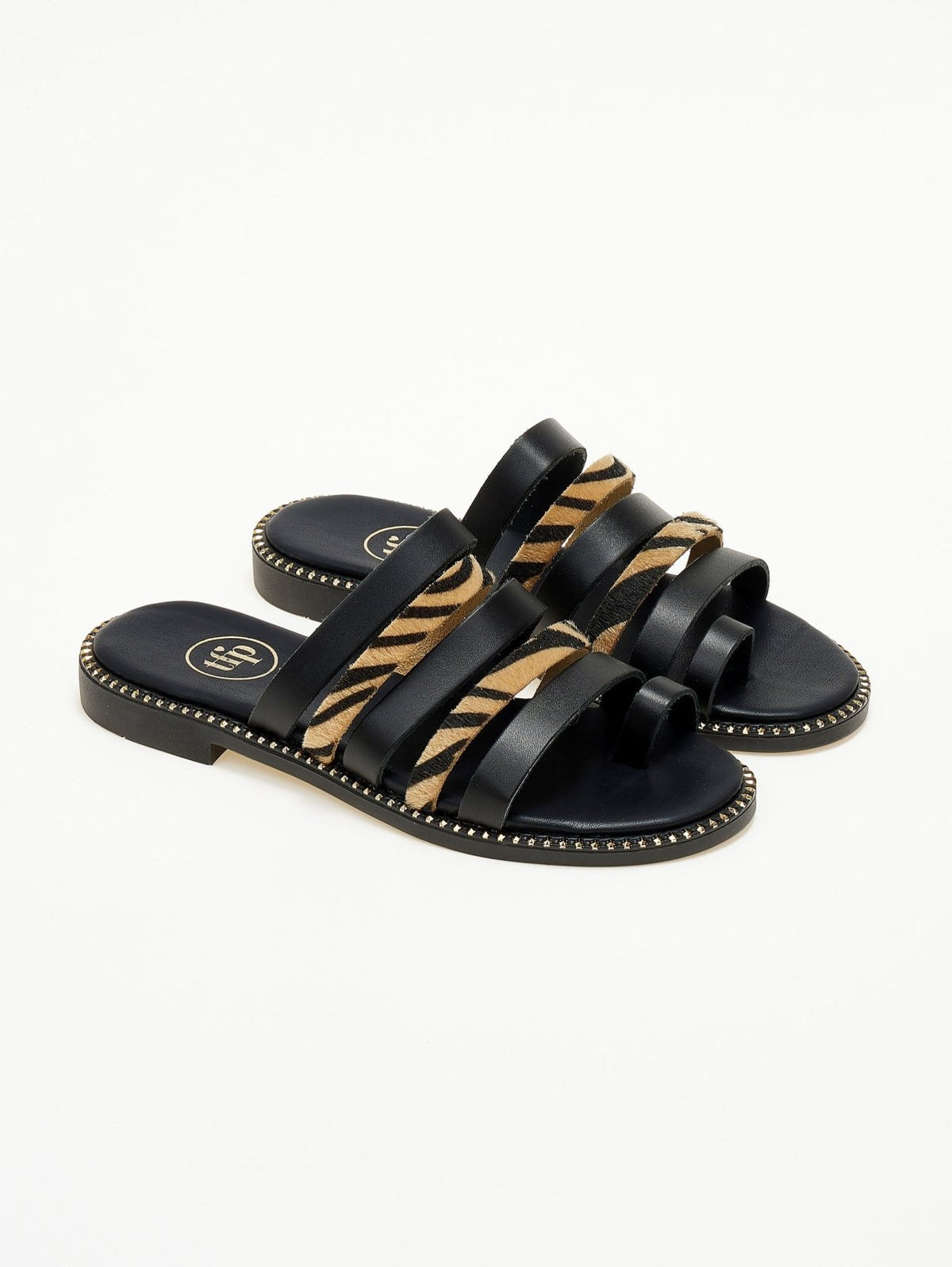 Σανδάλια δερμάτινα με print tfp - Μαύρο/Μπεζ - thefashionproject.gr - TFP