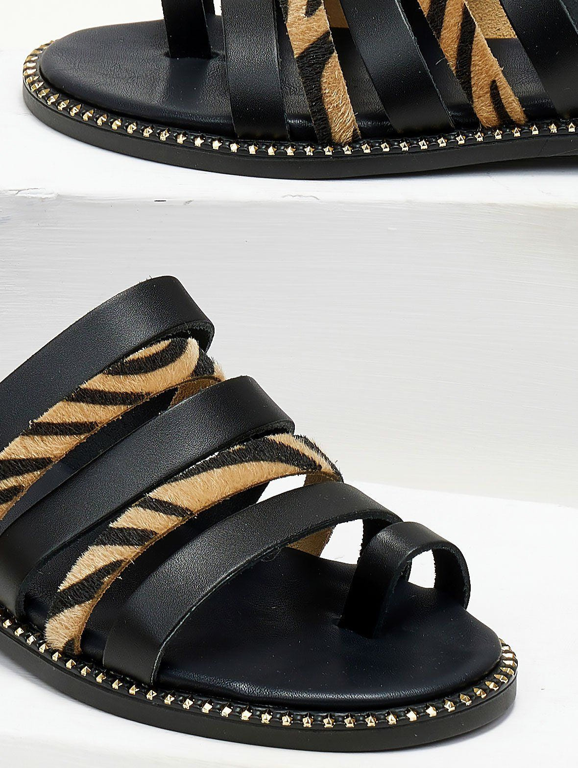 Σανδάλια δερμάτινα με print tfp - Μαύρο/Μπεζ - thefashionproject.gr - TFP