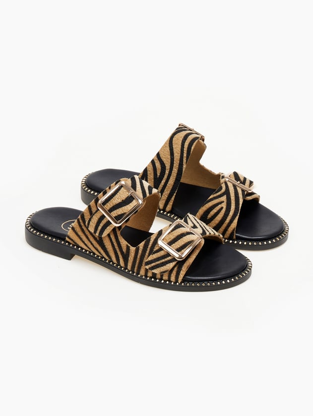Σανδάλια δερμάτινα με print TFP - Μαύρο/Μπεζ - thefashionproject.gr - TFP