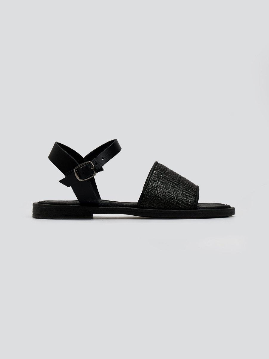 Σανδάλια δερμάτινα με ψάθα Estil - Μαύρο - thefashionproject.gr - Estil