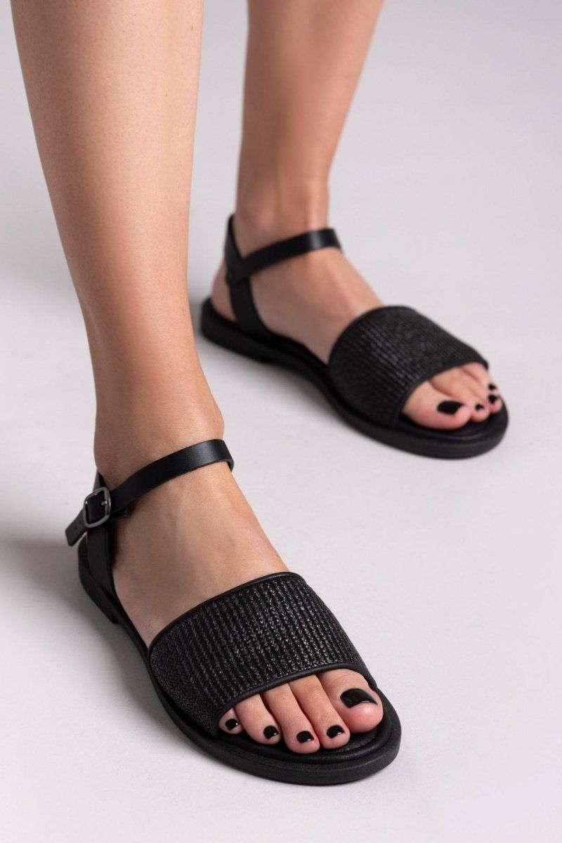 Σανδάλια δερμάτινα με ψάθα Estil - Μαύρο - thefashionproject.gr - Estil
